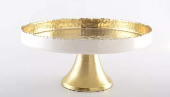 Gehämmerte Tortenplatte Metall auf Fuß weiss-gold-aulica