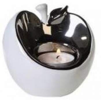 Teelichthalter Keramik Apfel Weiss-silber