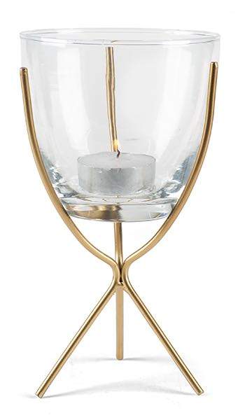 Teelichthalter mit Gestell Metall-Glas-Gold